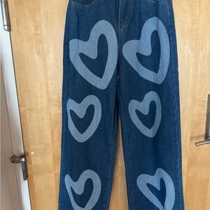 Heart Patterned Blue Wide Leg Jeans